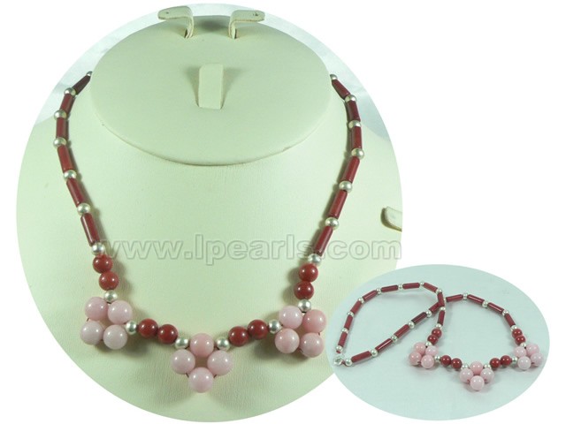 4*11mm red cylindrical coral necklace with 8mm pink coral